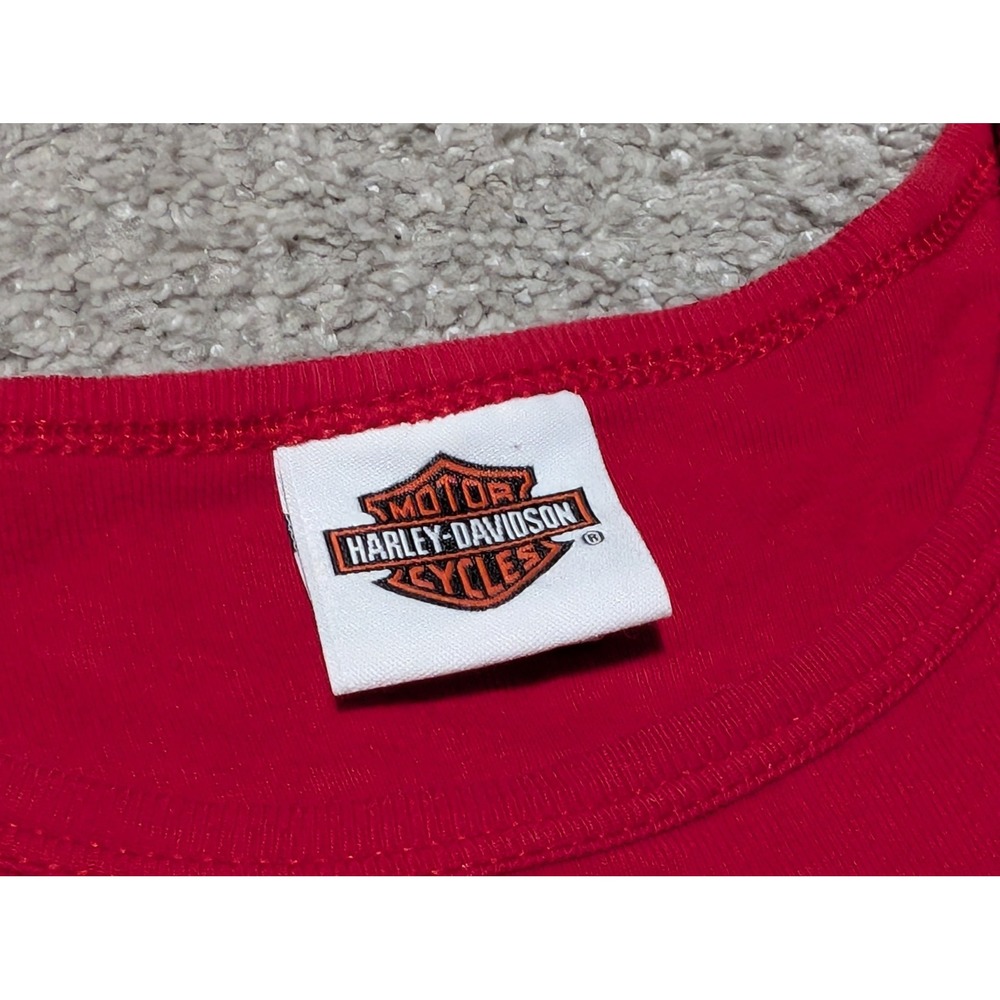 Harley-Davidson Shirt Womens L Red Long Sleeve Rhinestone Logo Roeder Ohio Biker - Picture 3 of 8